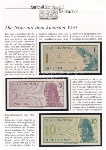 Indonézia 1964. 1s + 5s + 10s, német nyelvű 'Kuriositäten auf Banknoten' tájékoztatólappal T:I Indonesia 1964. 1 Sen + 5 Sen + 10 Sen, with 'Kuriositäten auf Banknoten' german language information sheet C:UNC