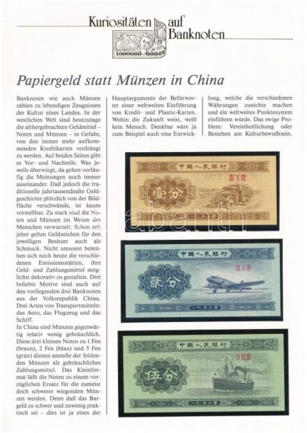 Kína 1953. 1f + 2f + 5f, német nyelvű 'Kuriositäten auf Banknoten' tájékoztatólappal T:I China 1953. 1 Fen + 2 Fen + 5 Fen, with 'Kuriositäten auf Banknoten' german language information sheet C:UNC