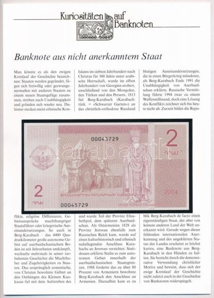 Arcah / Hegyi-Karabah 2004. 2D, német nyelvű 'Kuriositäten auf Banknoten' tájékoztatólappal T:I Artsakh / Nagorno-Karabakh 2004. 2 Dram , with 'Kuriositäten auf Banknoten' german language information sheet C:UNC