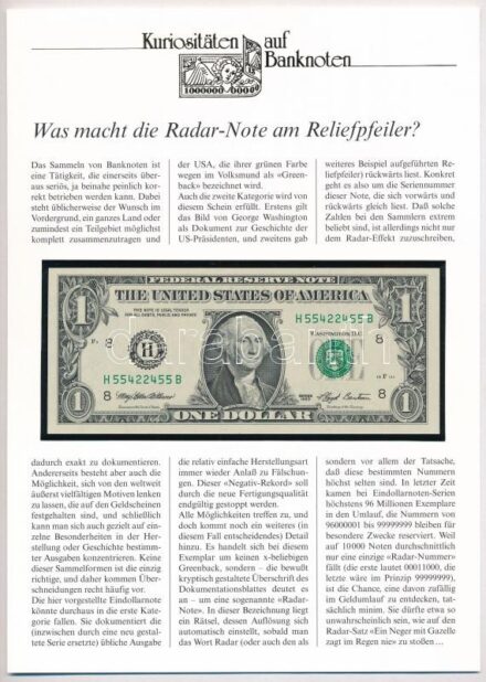 Amerikai Egyesült Államok 1994. (1993) 1$ 'Federal Reserve Note' 'Mary Ellen Withrow - Lloyd Bentsen', német nyelvű 'Kuriositäten auf Banknoten' tájékoztatólappal T:I USA 1994. (1993) 1 Dollar 'Federal Reserve Note' 'Mary Ellen Withrow -