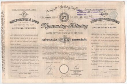 Budapest 1911. 'Magyar Jelzálog Hitelbank' nyeremény-jegye szárazpecséttel és bélyegzéssel szelvényekkel T:III