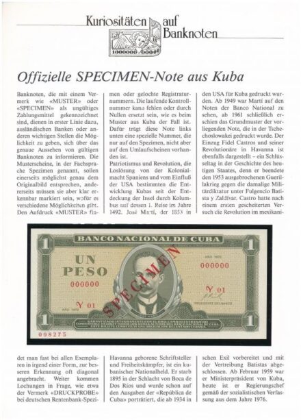 Kuba 1972. 1P 'SPECIMEN' felülbélyegzéssel, német nyelvű 'Kuriositäten auf Banknoten' tájékoztatólappal T:I Cuba 1972. 1 Peso with 'SPECIMEN' overprint, with 'Kuriositäten auf Banknoten' german language information sheet C:UNC