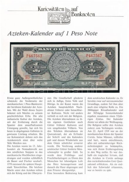 Mexikó 1970. 1P német nyelvű 'Kuriositäten auf Banknoten' tájékoztatólappal T:I Mexico 1970. 1 Peso, with 'Kuriositäten auf Banknoten' german language information sheet C:UNC
