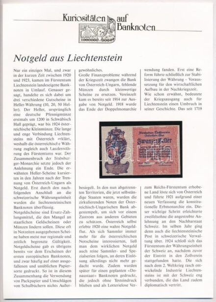 Liechtenstein DN (1920) 20h szükségpénz, német nyelvű 'Kuriositäten auf Banknoten' tájékoztatólappal T:I Liechtenstein ND (1920) 20 Heller necessity note, with 'Kuriositäten auf Banknoten' german language information sheet C:UNC