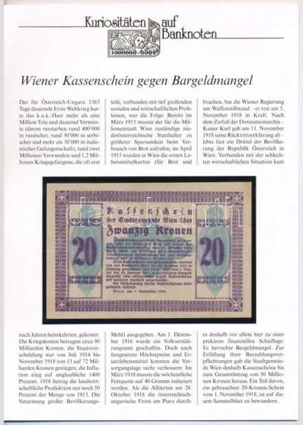 Ausztria / Bécs 1918. 20K pénztári utalvány, német nyelvű 'Kuriositäten auf Banknoten' tájékoztatólappal T:III Austria / Wien 1918. 20 Kronen kassenschein, with 'Kuriositäten auf Banknoten' german language information sheet C:F