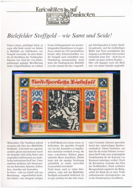 Németország / Weimari Köztársaság / Bielefeld 1921. 500M selyem szükségpénz, német nyelvű 'Kuriositäten auf Banknoten' tájékoztatólappal T:I,I- Germany / Weimar Republic / Bielefeld 1921. 500 Mark silk necessity note, with