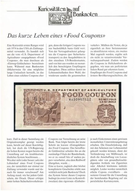 Amerikai Egyesült Államok / Mezőgazdasági Minisztérium 1996B 1$ élelmiszerjegy, német nyelvű 'Kuriositäten auf Banknoten' tájékoztatólappal T:I USA / Department of Agriculture 1996B 1 Dollar food coupon, with 'Kuriositäten auf