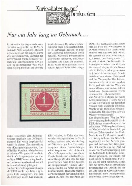 Német Demokratikus Köztársaság 1990. 1pf börtönpénz, német nyelvű 'Kuriositäten auf Banknoten' tájékoztatólappal T:I German Democratic Republic 1990. 1 Pfennig prison money, with 'Kuriositäten auf Banknoten' german language