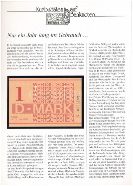 Német Demokratikus Köztársaság 1990. 1M börtönpénz, német nyelvű 'Kuriositäten auf Banknoten' tájékoztatólappal T:I German Democratic Republic 1990. 1 Mark prison money, with 'Kuriositäten auf Banknoten' german language information
