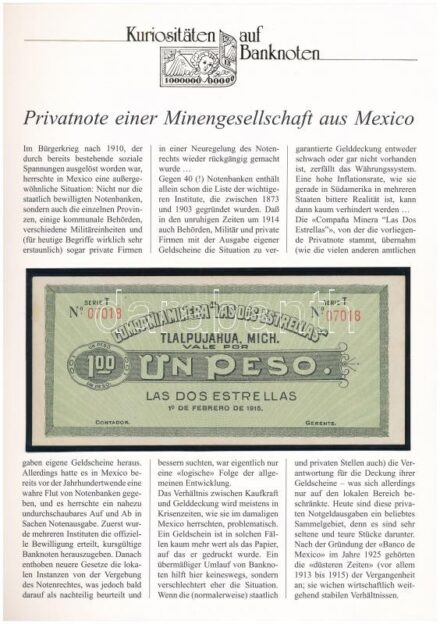 Mexikó / Las dos Estrellas bánya 1915. 1P, német nyelvű 'Kuriositäten auf Banknoten' tájékoztatólappal T:I Mexico / Las dos Estrellas Mine 1915. 1 Peso, with 'Kuriositäten auf Banknoten' german language information sheet C:UNC