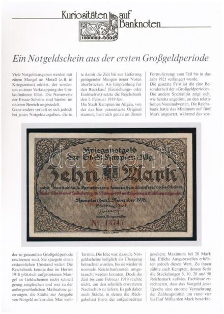Német Birodalom / Kempten 1918. 10M, német nyelvű 'Kuriositäten auf Banknoten' tájékoztatólappal T:III German Empire / Kempten 1918. 10 Mark, with 'Kuriositäten auf Banknoten' german language information sheet C:UNC