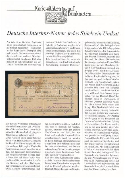 Német Kelet-Afrika 1915. 1R, német nyelvű 'Kuriositäten auf Banknoten' tájékoztatólappal T:III German East Africa 1915. 1 Rupie, with 'Kuriositäten auf Banknoten' german language information sheet C:F Krause 19