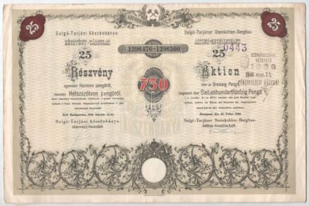 Salgótarján 1944. 'Salgó-tarjáni Kőszénbánya Részvény-Társulat' részvénye 750P-ről, szelvényekkel, bélyegzéssel és szárazpecséttel T:II,II- szélén kis szakadás