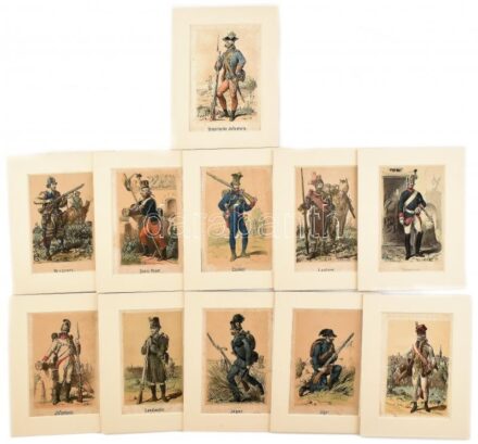 cca 1880 11 db katonákat ábrázoló litográfia paszpartuban, 17×11 cm