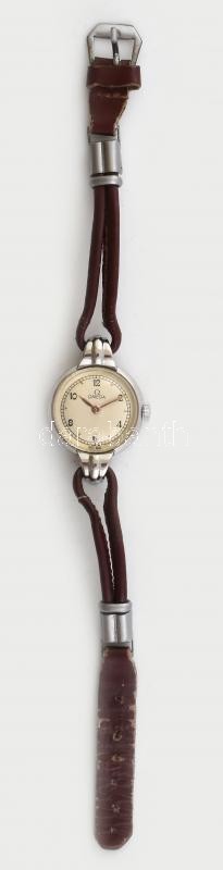 Omega női acé tokos karóra, kézi felhúzós szerkezettel, működik, kissé kopott bőr szíjjald: 18 mm