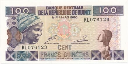 Guinea 1998. 100Fr 'KL076123' T:I- Guinea 1998. 100 Francs 'KL076123' C:AU Krause P#35