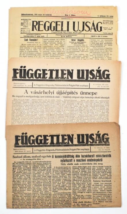 1909-1948 össz. 3 db Hódmezővásárhelyi újság lapszáma: 1909.V.20, Vásárhelyi Reggeli Ujság, 4 p, sok korabeli reklámmal, lapszéli apró szakadásokkal + Független Újság, A Független Kisgazda, Földmunkás és Polgári Párt