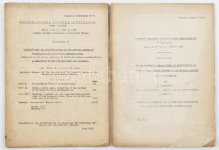 1937 2 db jegyzőkönyv párizsi nemzetközi tanulmányok konferenciáról angol és francia nyelven, Karods Béla: Possibilities of peaceful change in the present trends of assimiation, dissimiation, reassimilation. Reduction of the alrfe surfaces