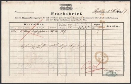 1856 Vasúti fuvarlevél Pozsonyból Pestre küldött áruról