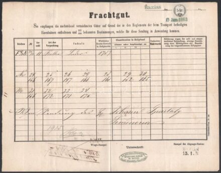 1863 Vasúti fuvarlevél Báziásról Pestre küldött áruról