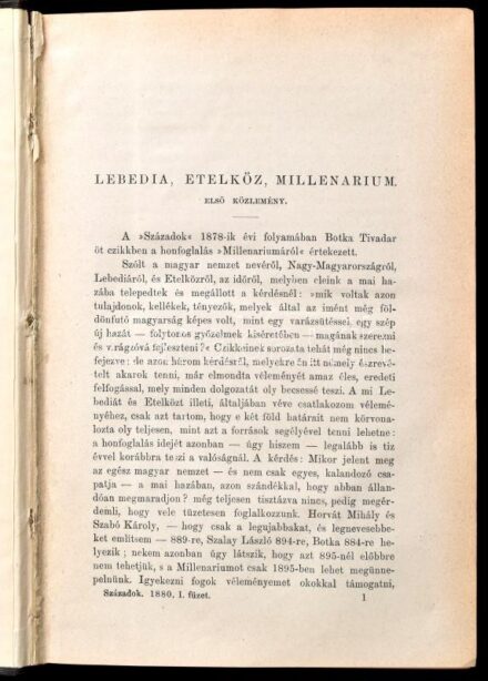 1880 Századok. A Magyar Történelmi Társulat közlönye. XIV. évfolyam. Szerk.: Szilágyi Sándor. Bp., 1880, Magyar Történelmi Társulat, 1-874+3 p. Korabeli aranyozott gerincű félvászon-kötés, kopott borítóval, a címlap és az