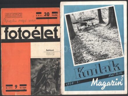 1938 Kodak Magazin 1938. 3. száma + 1941 Fotoélet XI. évf. 9 sz. Kissé kopott, kissé foltos borítókkal. +1895-1896 6 db Műmelléklet a 'Fényképészeti Értesítőből'