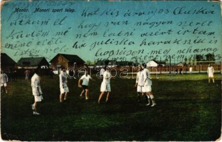 1915 Monor, Sporttelep labdarúgókkal, focisták, focipálya. Burján Béla kiadása (kopott sarkak / worn corners)