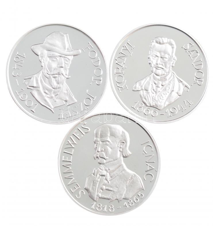Kiss Nagy András (1930-1997) 1997. 'Orvos sor / Semmelweis Ignác, Fodor József és Korányi Sándor' jelzett Ag emlékérmek eredeti adományozói dísztokban, tanúsítvánnyal (érmenként: 11g/0.925/32mm) T:PP