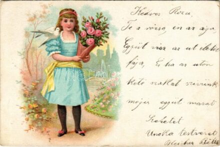 1900 Children art postcard, girl with flowers. litho (EK)