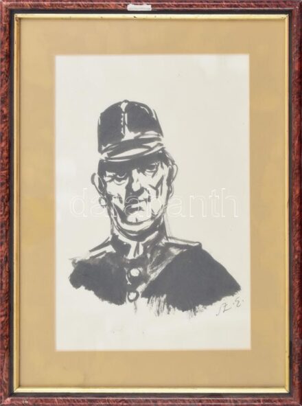SZ.E jelzéssel: Férfi portré. Tus, papír, jelzett (Sz.E), kopott, sérült, üvegezett keretben, 27×17 cm