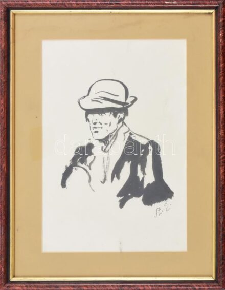 SZ.E jelzéssel: Férfi portré. Tus, papír, jelzett (Sz.E), kopott, sérült, üvegezett keretben, 27×17 cm