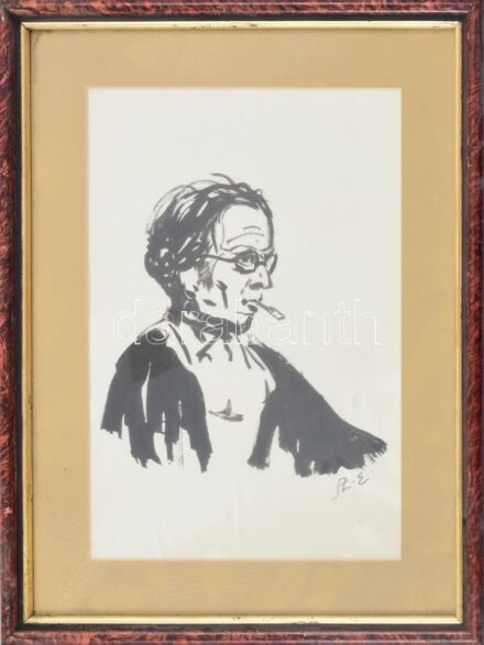 SZ.E jelzéssel: Férfi portré. Tus, papír, jelzett (Sz.E), kopott, sérült, üvegezett keretben, 27×17 cm