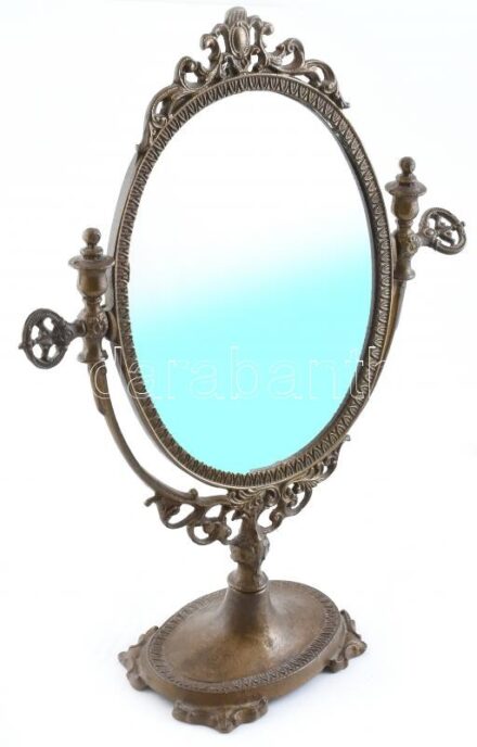Neobarokk öntött, patinázott bronz tükör, kopott, m:39cm