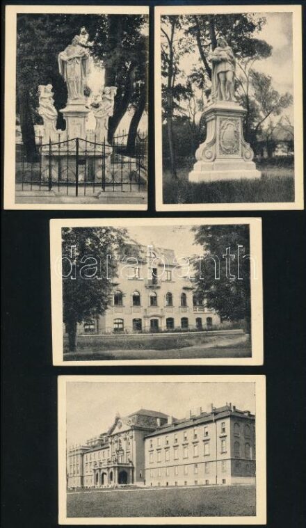 cca. 1930-40 Gödöllő látványosságai. 10 db. 9,5x7cm. (MÁV, állomás. Hősök szobra. M. kir. Postahivatal. Kir. Park. Kir. vártemplom. Premontrei rendház. Erzsébet királyné park. Szt. Imre hg. szobor. Egészségház. Nepomuki Szt.