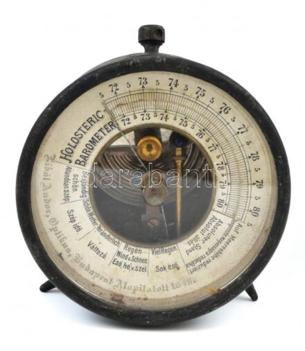 Régi asztali barométer, Libál Andor Optikus, Budapest felirattal, 1910-1920 körül, korának megfelelő állapotban, néhány kis rozsdafolttal, d: 9 cm / Vintage table barometer
