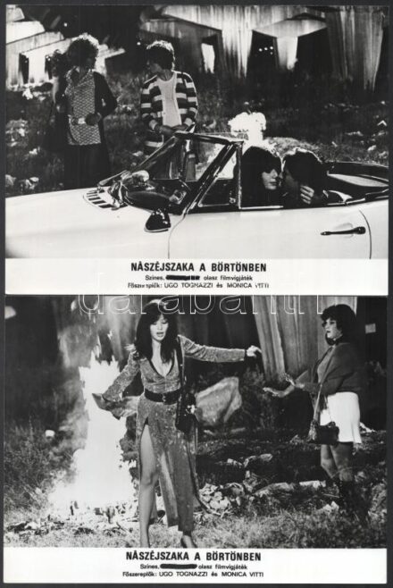 1971 ,,Nászéjszaka a börtönben' című olasz film jelenetei és szereplői (köztük a Monica Vitti, Ugo Tognazzi), 11 db vintage produkciós filmfotó, ezüst zselatinos fotópapíron, 18x24 cm