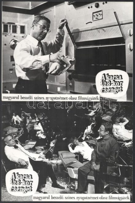 1969 ,,A kacsa 1/2 8-kor csenget' című nyugatnémet - olasz filmvígjáték jelenetei és szereplői, 11 db vintage produkciós filmfotó, ezüst zselatinos fotópapíron, 18x24 cm