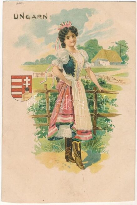 1902 Ungarn / Magyarország, népviselet és címer / Hungarian folklore and coat of arms. No. 5273. litho (vágott / cut)