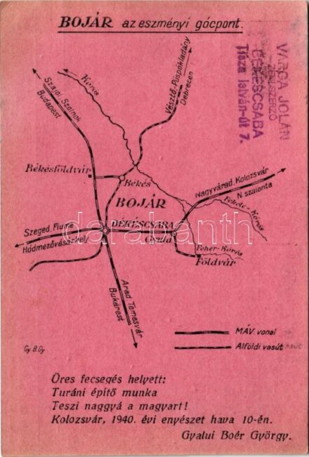 1942 Bojár az eszményi gócpont. Gyalui Boér György térképes reklámlapja. Szamosmenti nyomda fiókja Nagybánya / Publisher's advertising with map (EK)