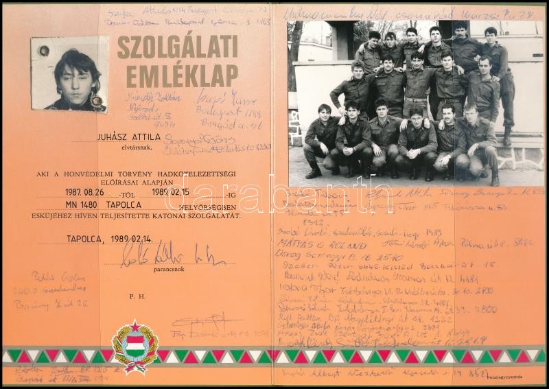 1989 Szolgálati emléklap, MN1480 Tapolca helyőrségben szolgáló katonának