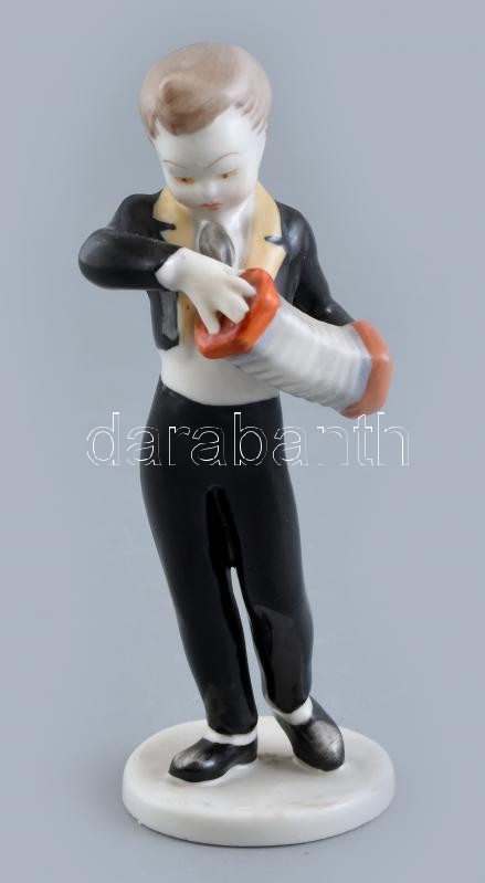 Hollóházi porcelán harmonikás fiú, kézzel festett, hibátlan, jelzett, m: 14 cm