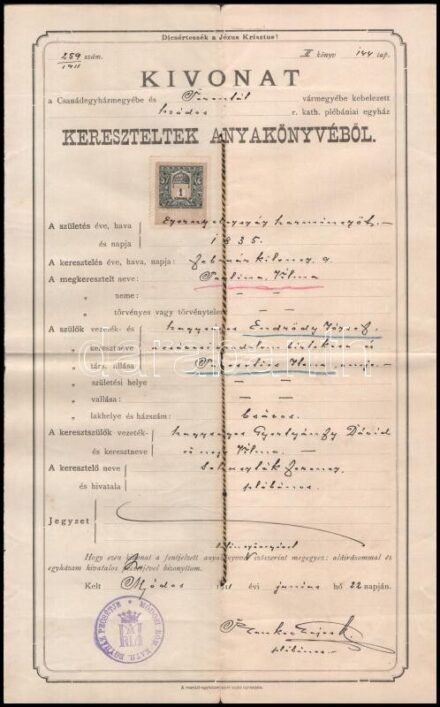 1911 Endrődi László csávosi birtokos születési és halotti anyakönyvi kivonata, német nyelvű melléklettel