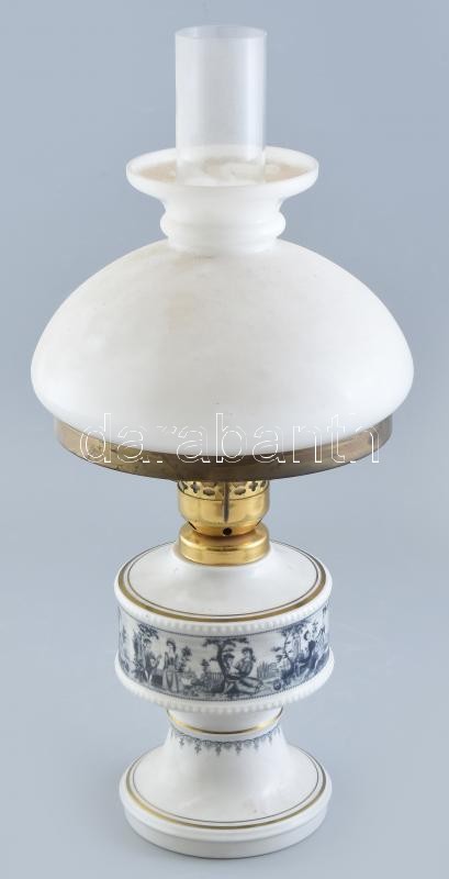 Wallendorf porcelán petróleum lámpa, burával, jelzett, matricás, hibátlan, m:50 cm