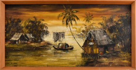 H Khai jelzéssel: Vízpart. Olaj, vászon, fakeretben. 35x70 cm
