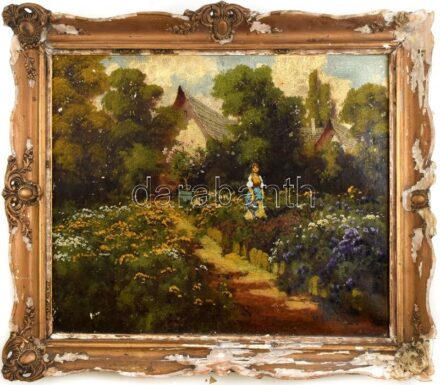 Olvashatatlan jelzéssel: Kertben. Olaj, vászon, sérült. Sérült keretben. 50x60 cm