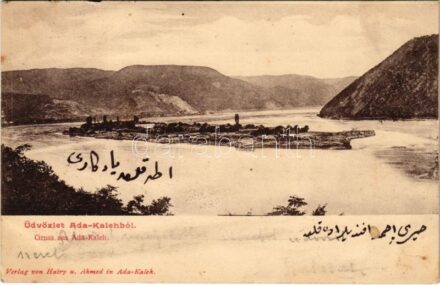 1904 Ada Kaleh, Török sziget Orsova alatt. Hairy és Ahmed kiadása / Turkish island + 'ORSOVA - BUDAPEST 76. SZ.' vasúti mozgóposta bélyegző (kis szakadás / small tear)