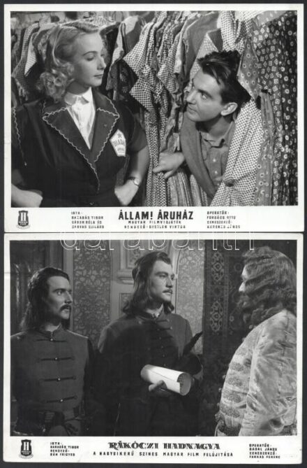 cca 1989 előtt készült magyar filmek egy-egy jelenete, 13 db vintage produkciós filmfotó, ezüst zselatinos fotópapíron, kisebb - a használatból eredő - hibákkal, 18x24 cm, vagy ehhez közeli méretekben (+ - 8 mm)