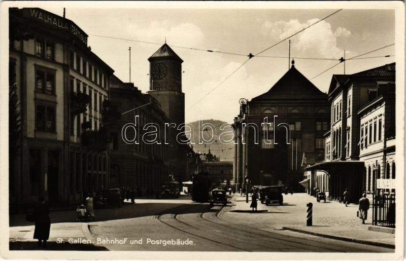 Sankt Gallen, St. Gallen; Bahnhof und Postgebäude / railway station, post office, tram, automobiles