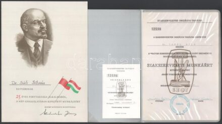 cca 1984-1991 3 db kitüntetés és emléklap: 25 éves párttagságért, szakszervezeti munkáért, Égő arany kupa emléklap