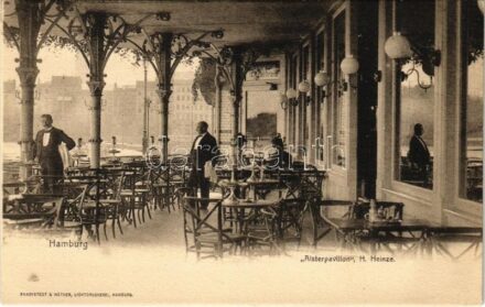Hamburg, Alsterpavillon H. Heinze / restaurant, terrace with waiters. Knackstedt & Näther Lichtdruckerei
